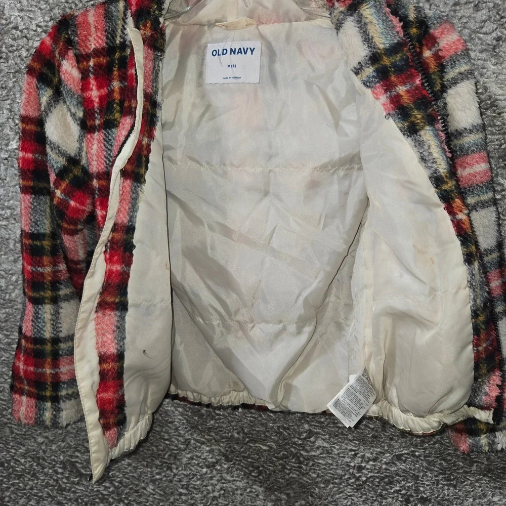 Old Navy Kids Red White Tartan Plaid Hooded Elmo Fleece‎ Jacket Sz M 8 807714-00